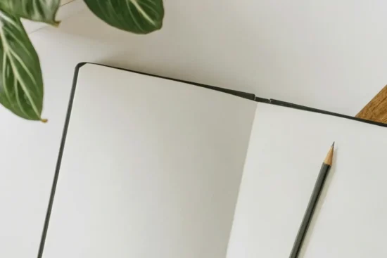 Open notebook with a pencil on a desk.